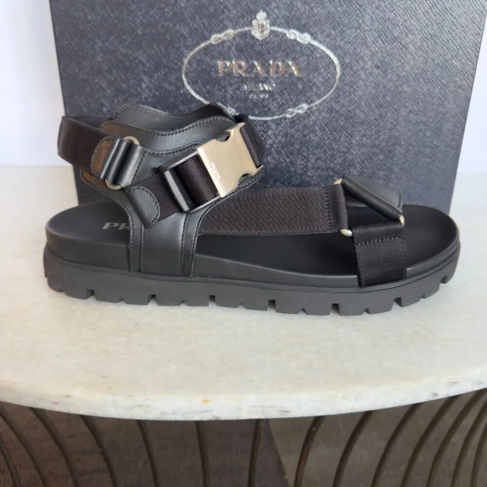 Prada‎ Nastro Black Canvas and Leather Tape Men's Sandal, 10.5 - - 2x3055